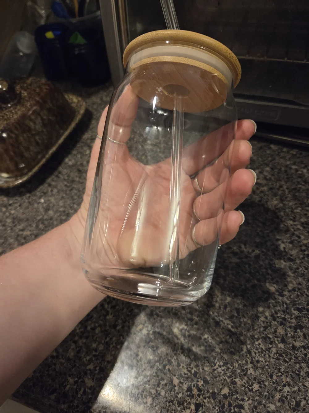 Small Clear Glass Tumbler with Bamboo Lid & Reusable Plastic Straw